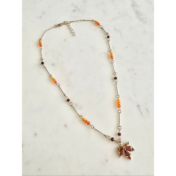 Bright Orange fall Maple leaf dangle cubic zirconia beaded necklace - Picture 2 of 6